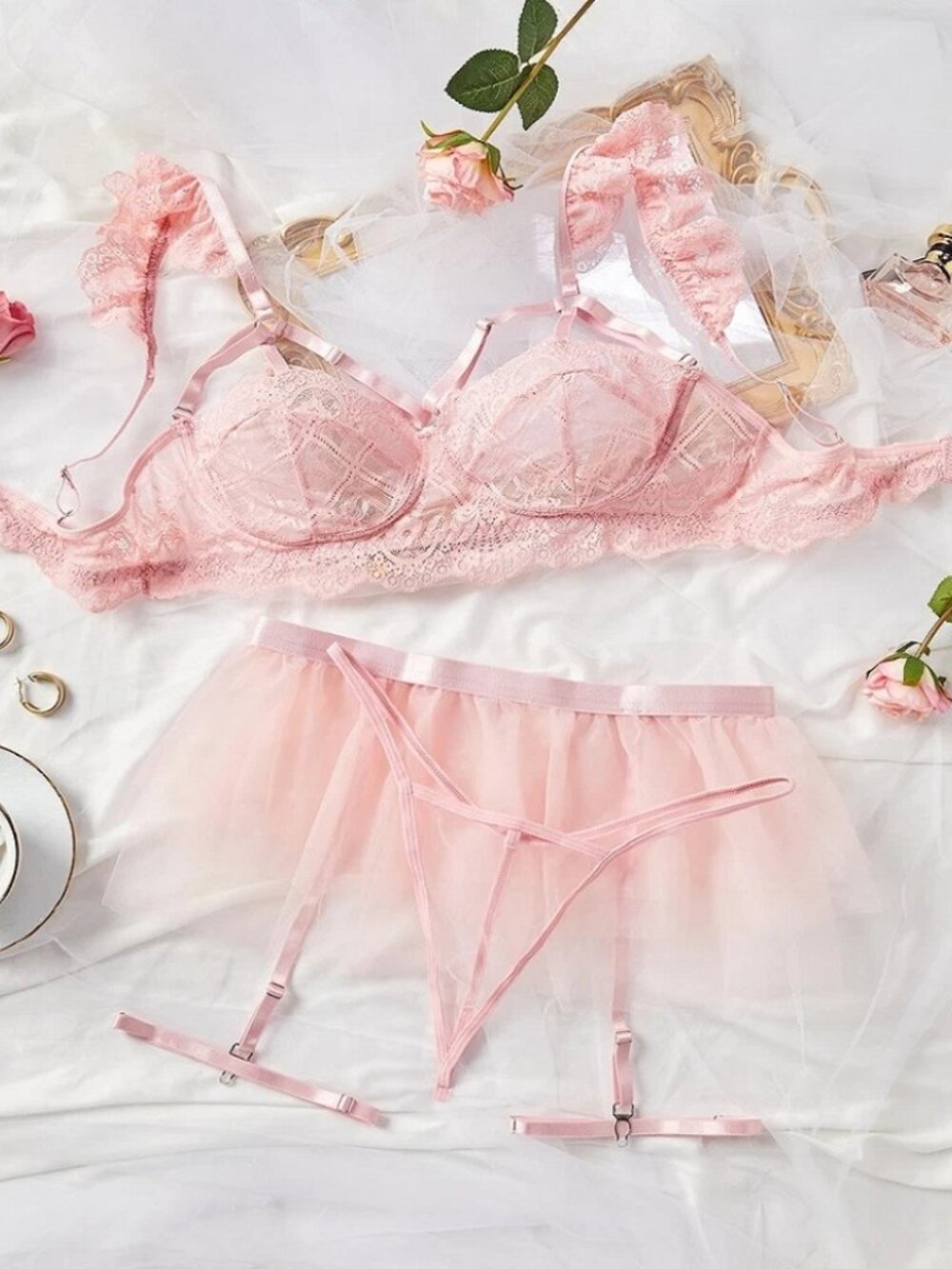 Women Sexy Lingerie Lace Sheer Babydoll Nightie Chemise Sleepwear Bra Skirt Set. - Picture 9 of 14